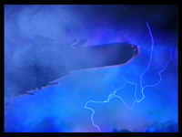 An early effect using cotton clouds, smoke and real lightning elements, with a cardboard silhouette of the blimp.